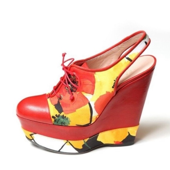 1053- Stuart Weitzman Red Floral Lace-Up Platform Wedge Heels Size 9 - Picture 4 of 17